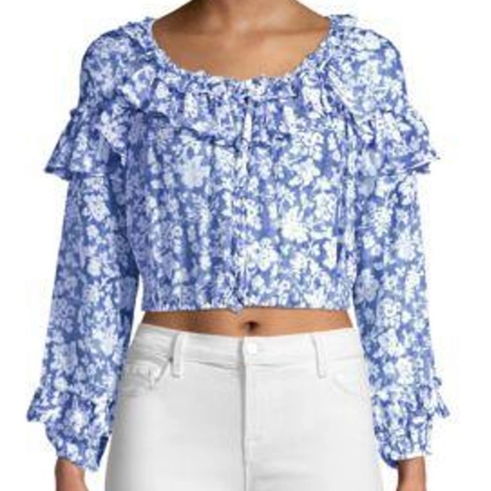 LoveShackFancy, cropped top Floral Ruffle Popover Top, Biscayne Blue Size‎ L